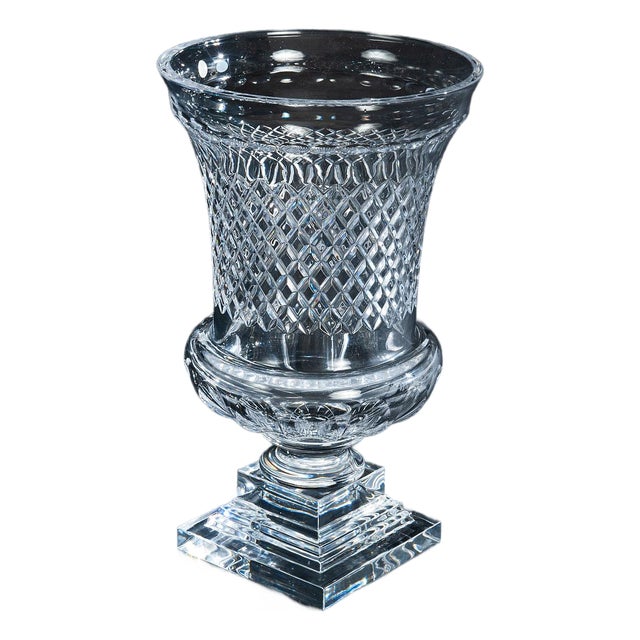 Italian Hand-Cut Crystal Diamond Urn Vase For Sale