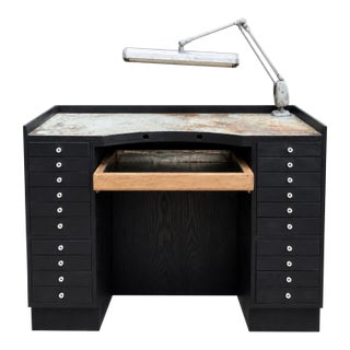 Late 19th Century Watchmaker’s Bench Restored in Deep Indigo Stain With Original Porcelain Hardware For Sale