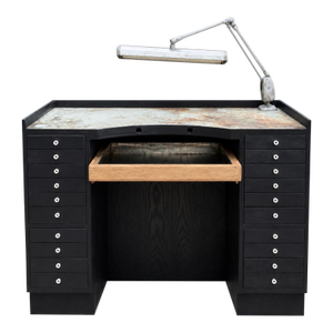 Late 19th Century Watchmaker’s Bench Restored in Deep Indigo Stain With Original Porcelain Hardware