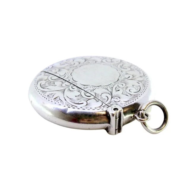 Metal Plain Silver Circular Matchbox with Hinged Lid and Hanging Ring For Sale - Image 7 of 7