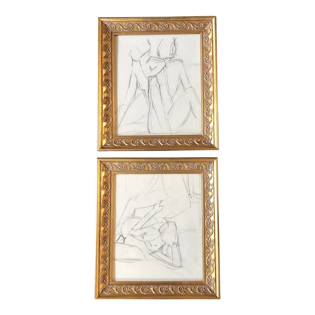 1970’s Original Abstract Charcoal Study Drawings Ornate Frames- a Pair For Sale