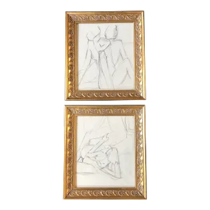 1970’s Original Abstract Charcoal Study Drawings Ornate Frames- a Pair