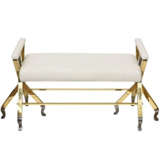 Vintage Brass, Steel and Off White Upholstered 3-Legged Bench Mid Century Modern 50's For Sale