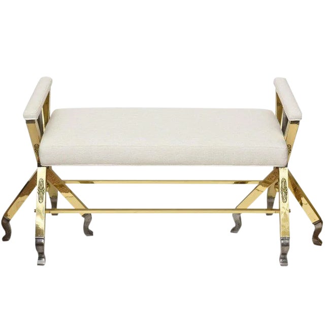 Vintage Brass, Steel and Off White Upholstered 3-Legged Bench Mid Century Modern 50's For Sale