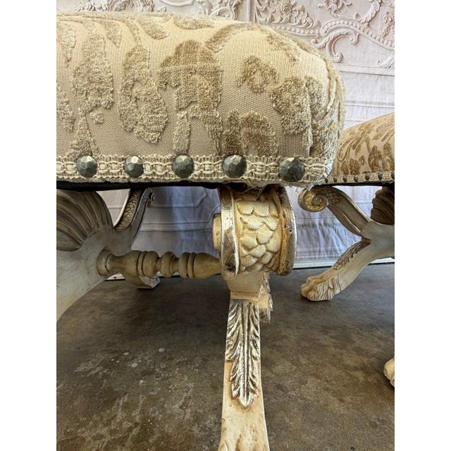 Wood Pair of Italian Venetian Baroque Curule Stools - Hand - Carved Silvered Gilt For Sale - Image 7 of 12