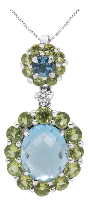 18k White Gold 0.05 Cttw Round Diamond and Blue Topaz and Green Peridot Gemstone Halo Drop 18" Penda
