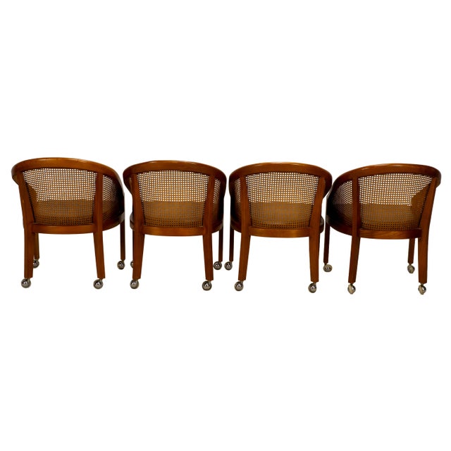 1970s Set of 4 Bent Oak & Cane Tub Chairs on Casters W/ Royal Blue Cushions in the Manner of Ward Bennett For Sale - Image 12 of 18