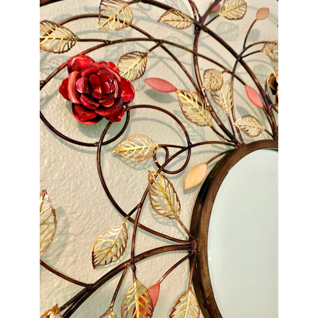 Early Sculptural Italian Florentine Tole “Sundial” Floral Wall Mirror – Skeleton Leaves & Roses, Hollywood Regency, Circa 1958–1965 For Sale - Image 4 of 5
