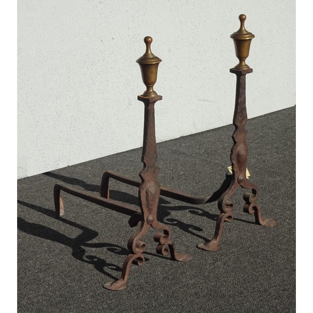 French Country Pair Antique Hand Forged Wrought Iron Andirons W Brass Finials For Sale - Image 3 of 12