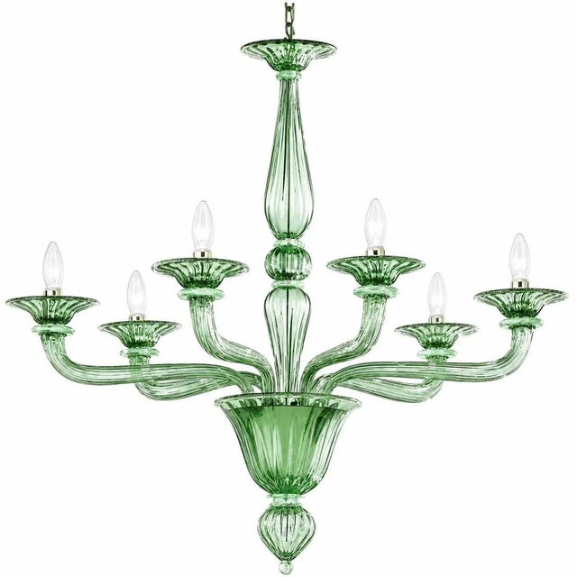 Sculptural Linear Rigadin Green Murano Glass Chandelier by Simoeng, in Exhibition Piece conditions. Designed from 2000 Up...