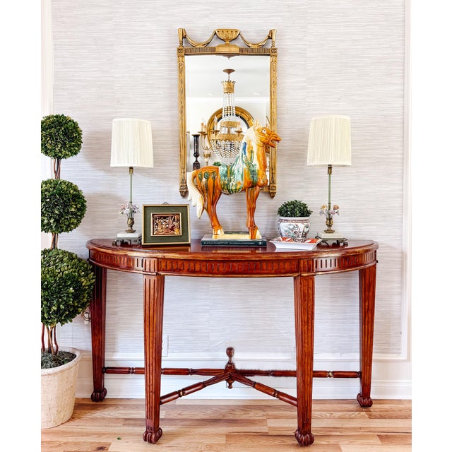 Vintage Neoclassical Fluted Demilune Console Table With Pineapple Finial Stretcher For Sale - Image 15 of 15