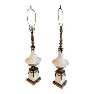 Vintage White Milk Glass & Brass Neoclassical Table Lamps Hollywood Regency - a Pair For Sale