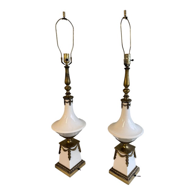 Vintage White Milk Glass & Brass Neoclassical Table Lamps Hollywood Regency - a Pair For Sale