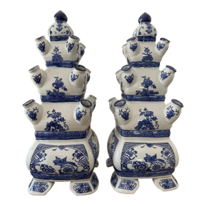Blue & White Pagoda Chinoiserie Tulipieres, Pair