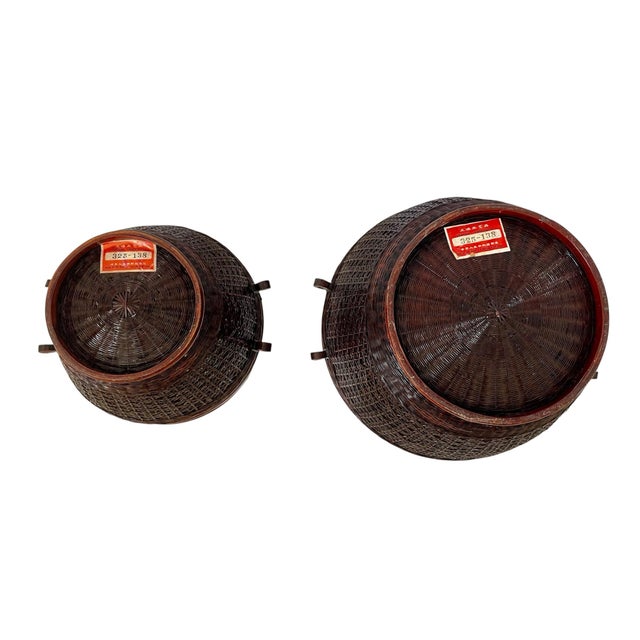 Brown Vintage 2 Shanghai Handicrafts Bamboo Woven Round Storage Baskets W/ Lids 9.5 & 7.5”h For Sale - Image 8 of 10