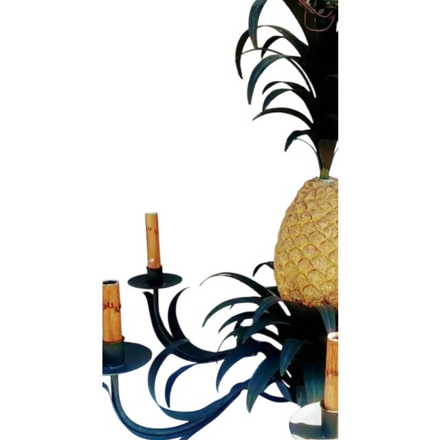 Traditional Vintage Currey and Company 6 Arm Tole Pineapple Palm Leaf Regency Style Chandelier For Sale - Image 3 of 5