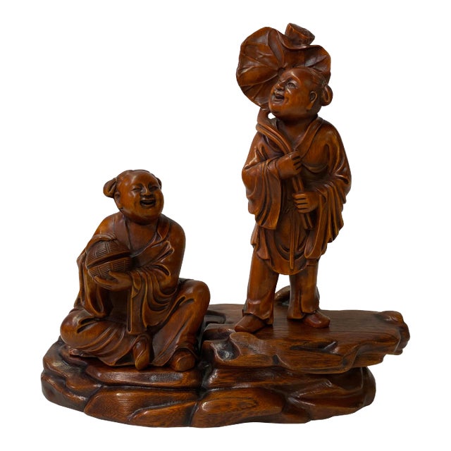 Chinese Oriental Wood Artistic Golden Kids Carving Display Figure Art For Sale