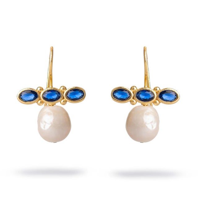 Gemstone Royal Sapphire Pearl Drop Earrings, A Pair For Sale - Image 7 of 7