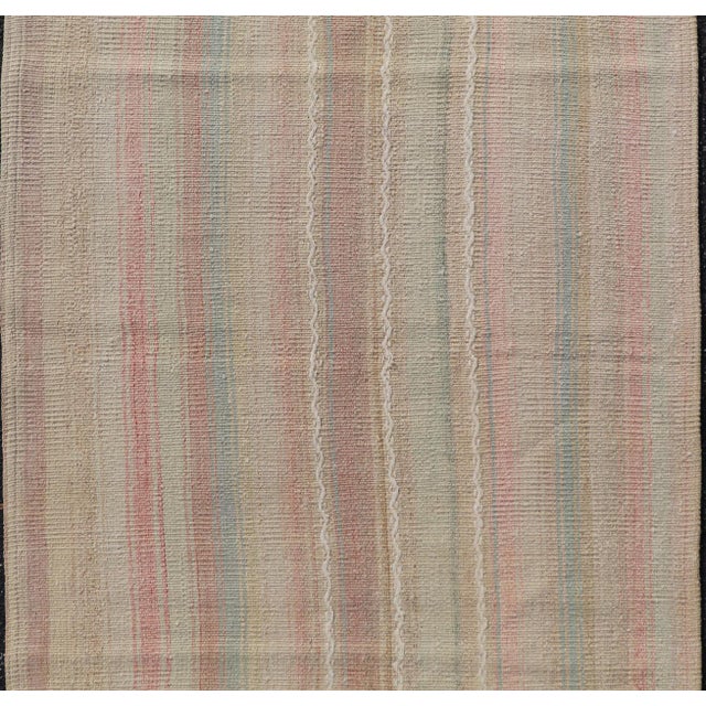 Sand Vintage Turkish Kilim Rug With Soft Pastel Stripes in Sand, Sage, and Blue For Sale - Image 8 of 10