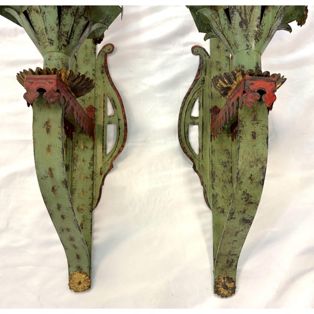 Vintage Italian Venetian Style Painted Tole Wall Sconce Candle Lanterns- A Pair For Sale - Image 10 of 18