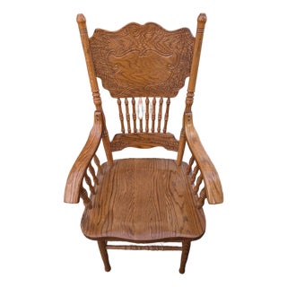 Mid-Century Carved Oak Press Back Arm Chair For Sale
