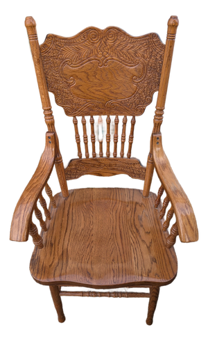 Mid-Century Carved Oak Press Back Arm Chair