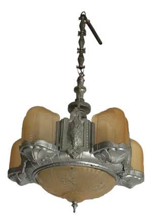 Art Deco Metal and Gold Frosted Glass Chandelier