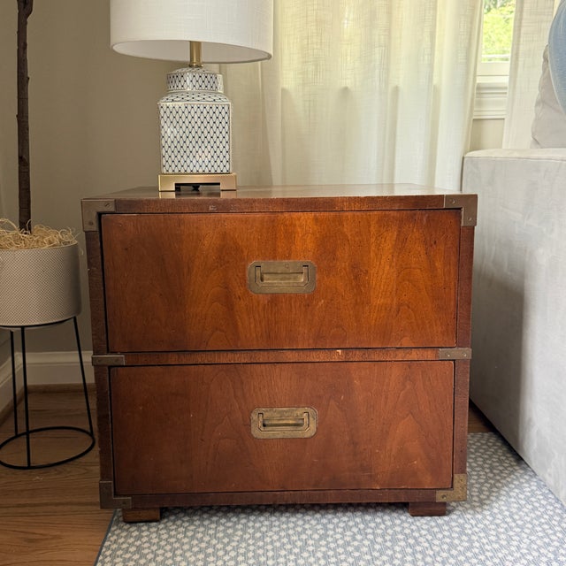 Mid 20th Century Mid-Century Henredon 2 Drawer Campaign Nightstand/Sidetable —Two Available For Sale - Image 5 of 14