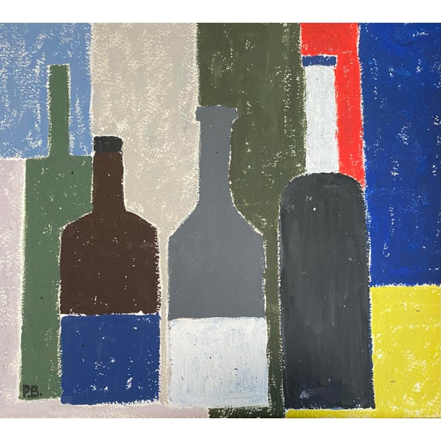 A modernist composition in oil of bottles in primary and muted tones, in an antique frame featuring a faux wood finish and...