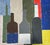A modernist composition in oil of bottles in primary and muted tones, in an antique frame featuring a faux wood finish and...