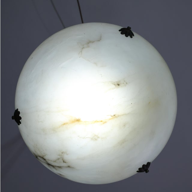 1950s 1950s French Art Deco White Alabaster Pendant Light With Dark Veining For Sale - Image 5 of 16
