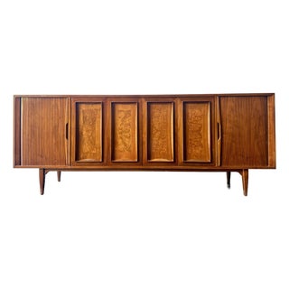1960s Vintage Walnut & Burl Long Credenz With Tambour Doors For Sale