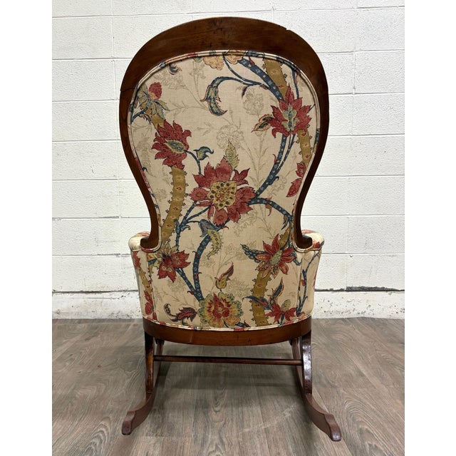 Antique Victorian Style Walnut Balloon Back Floral Upholstered Rocking Chair For Sale - Image 9 of 10