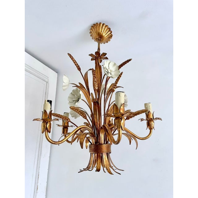 Gilt Tole Floral and Wheat Chandelier, 1960 For Sale - Image 13 of 18