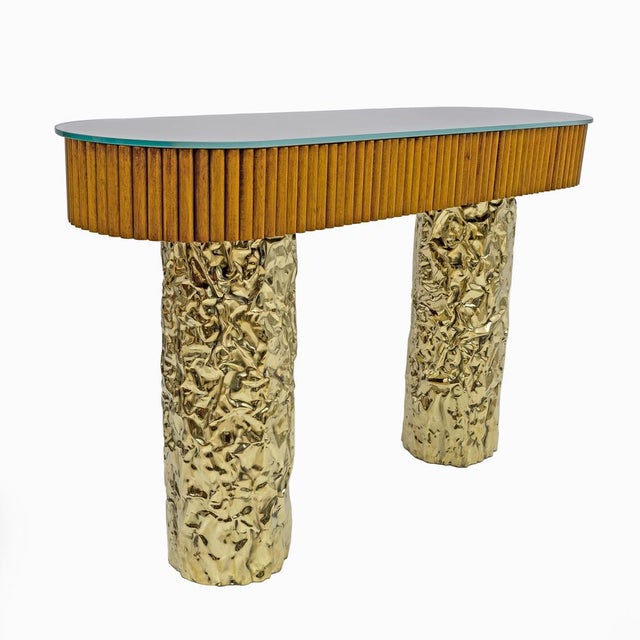 Mid-Century Wood and Brass Center Console, Italy, 1990s For Sale - Image 4 of 9