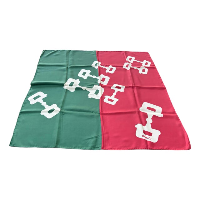 1980s Vintage Red/Green Gucci Silk Scarf For Sale