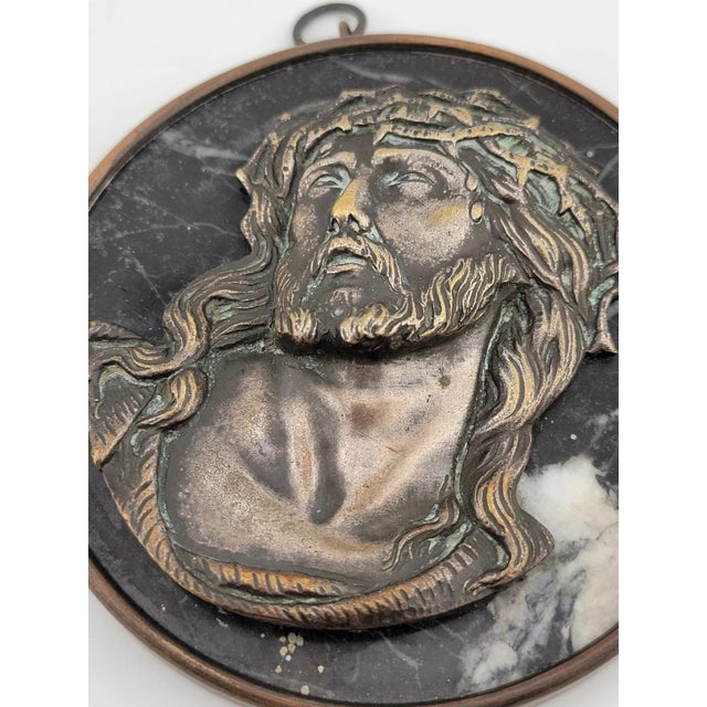Bronze Rare One Of Kind Antique Jesus & Mary Wall Hanging Bronze & Green Marble Plaques For Sale - Image 8 of 12