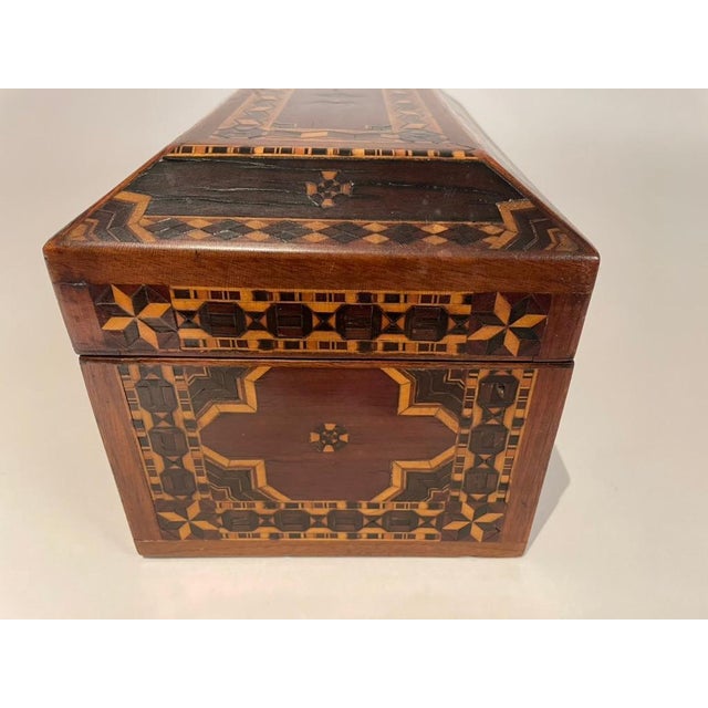19th century English Tunbridge ware jewelry box with exquisite inlay of various woods, ebony, rosewood, fruit wood,...