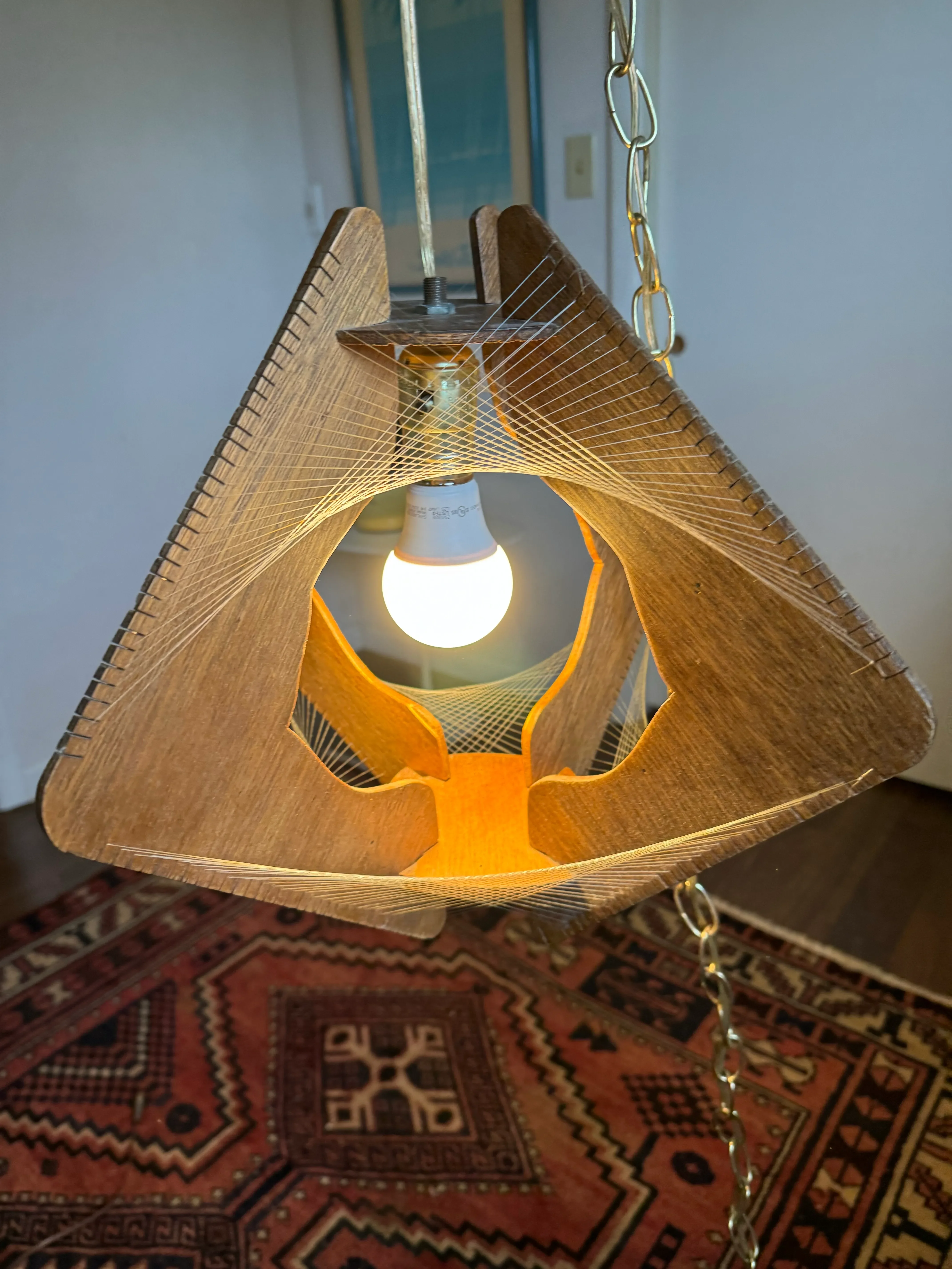 Vintage Mid-Century Wood Hanging Swag Light • Paul Secon Style