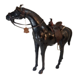 Monumental Leather Horse Sculpture With Western Saddle — Ranch Modern Equestrian Decor For Sale