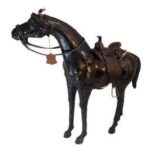Monumental Leather Horse Sculpture With Western Saddle — Ranch Modern Equestrian Decor