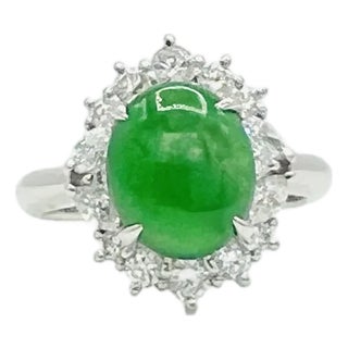 Green Jade Oval Cabochon and Diamond Ring in Platinum, Size 6.5 For Sale