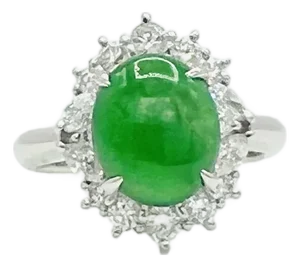 Green Jade Oval Cabochon and Diamond Ring in Platinum, Size 6.5