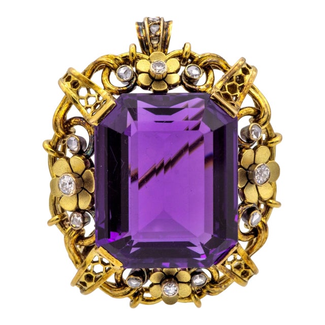 Retro 14k Yellow Gold Large Amethyst & Diamond Pendant Brooch c.1940s For Sale