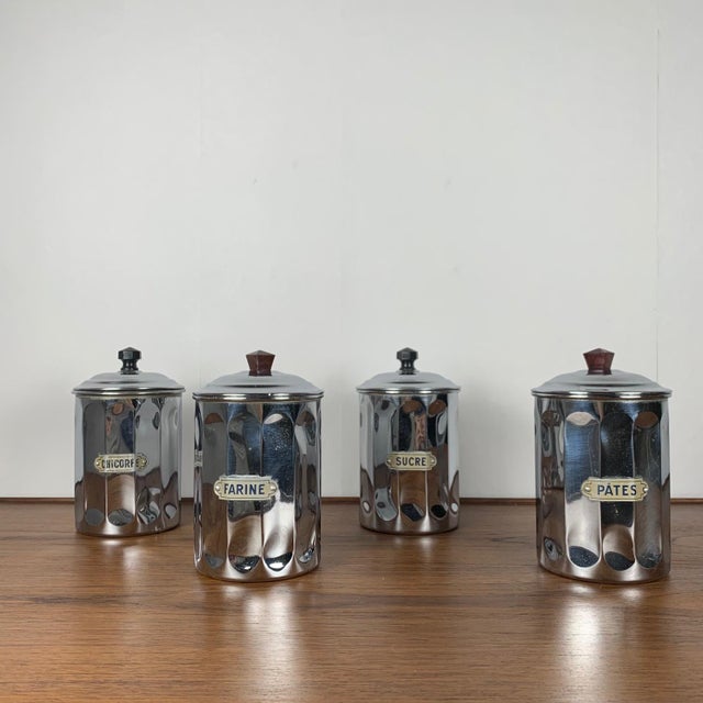 Set of 4 1950s chrome-plated copper storage jars, DAB 2 different handle styles, black and brown, made of bakelite Sugar,...