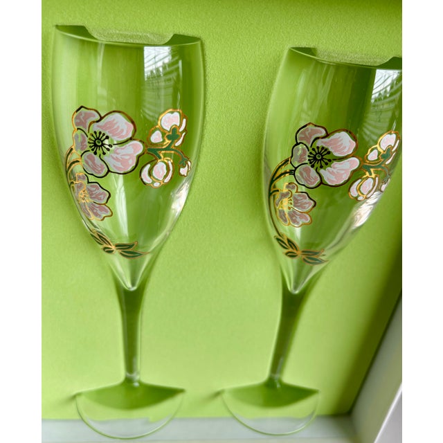 Glass Perrier-Jouët Hand Painted Vintage Champagne Flutes- A Pair in Original Box For Sale - Image 7 of 11
