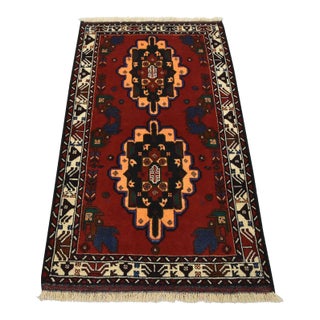 Baloch Rug 2’11” X 5’1′ Red Wool Vintage Tribal Hand-Knotted Oriental Carpet For Sale