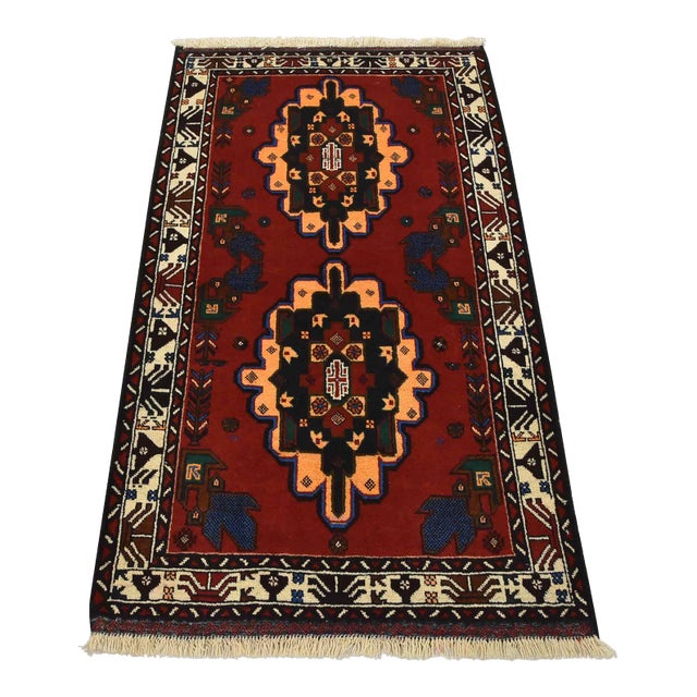 Baloch Rug 2’11” X 5’1′ Red Wool Vintage Tribal Hand-Knotted Oriental Carpet For Sale