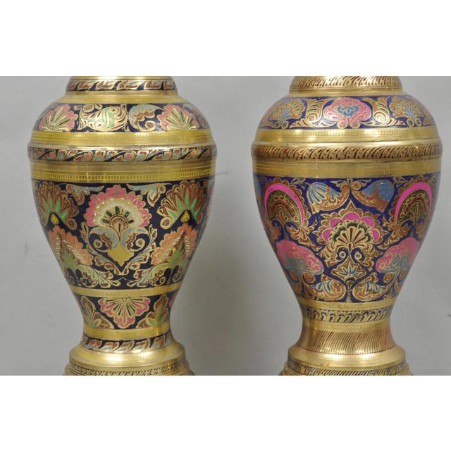 Vintage Brass & Cloisonné Enamel Pink & Blue Jardiniere Urn Table Lamps - Pair For Sale In Philadelphia - Image 6 of 14