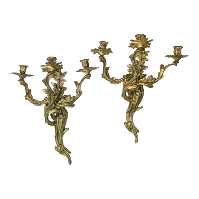 1920s Pair of 3 Arm Rococo Style Candle Sconces in Brass For Sale